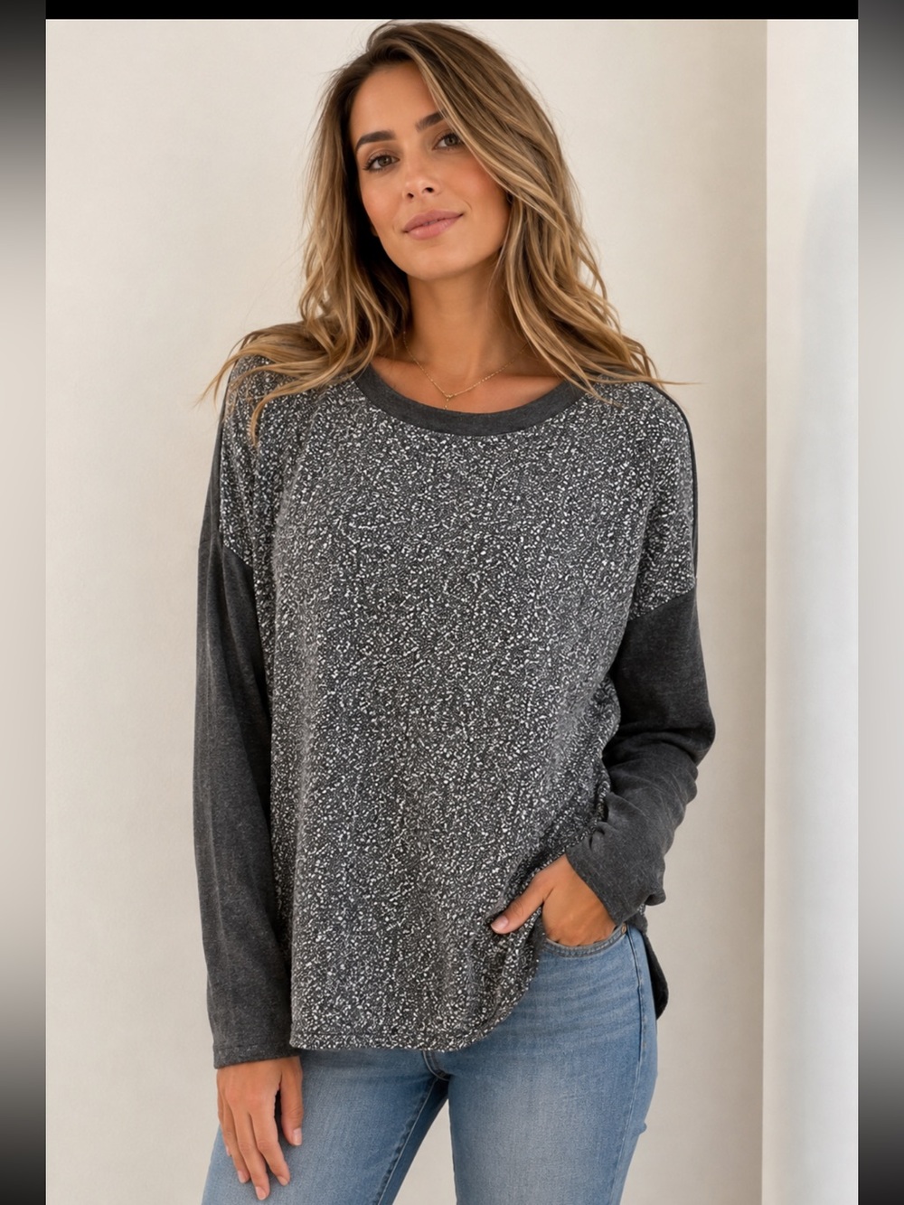 LOFT Black and Gray Long Sleeve Top - Size S